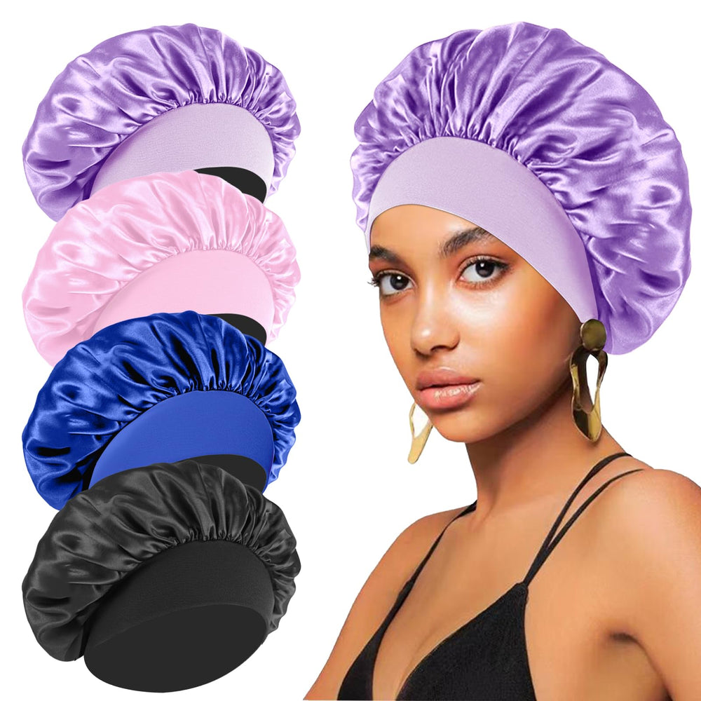 FIRSTPELLA silk bonnet shower-cap-use image demonstrates hair protection in the shower.