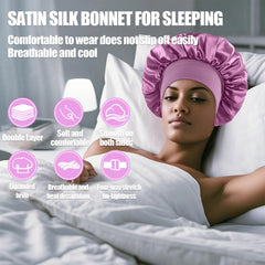 FIRSTPELLA silk satin bonnet in purple preserves hairstyle and color.