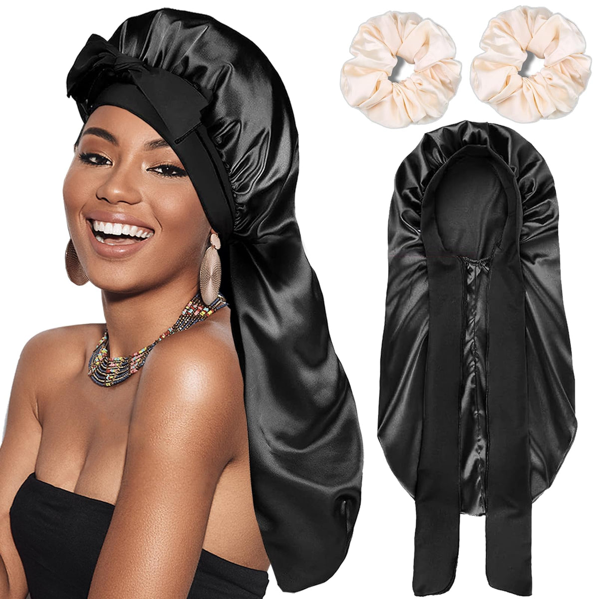FIRSTPELLA silk satin hair bonnet on head protects curls overnight