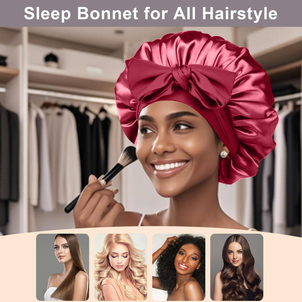 FIRSTPELLA silk satin night cap on curly hair illustrates damage-free protection.