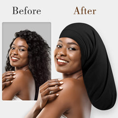 Fittia Long XL Silk Satin Bonnet shows inner satin layer protecting scalp and hair.