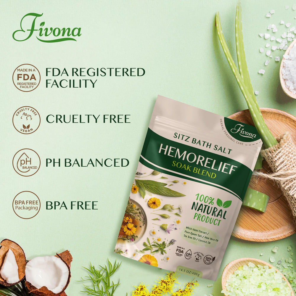 Fivona Hemorelief ingredients closeup highlights Epsom salt and natural oils.