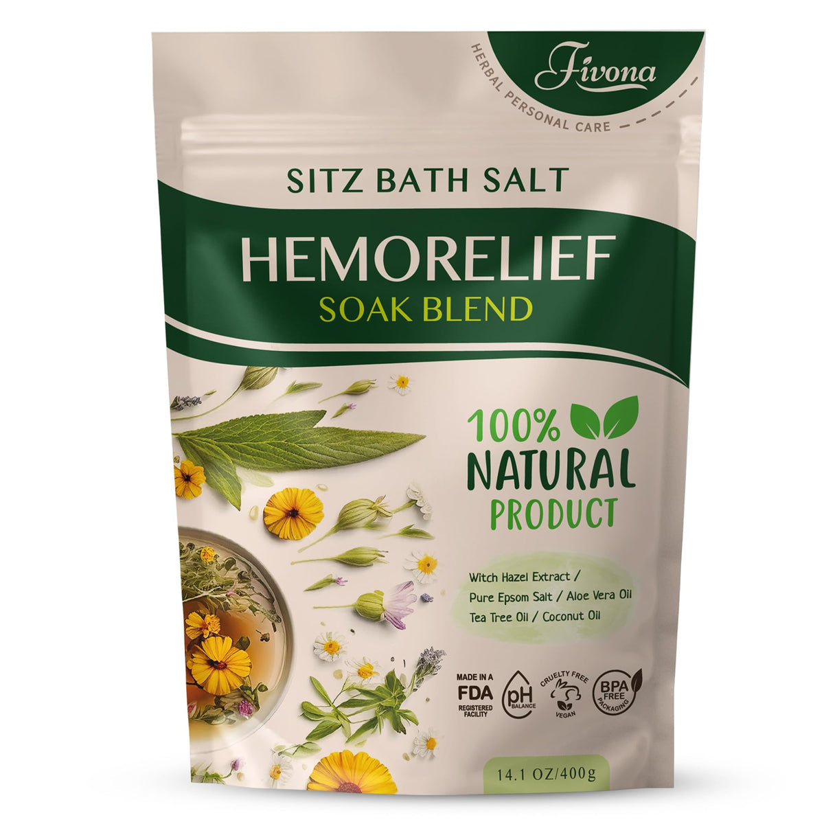 Fivona Hemorelief Sitz Salt packaging emphasizes natural formula for perineal comfort.