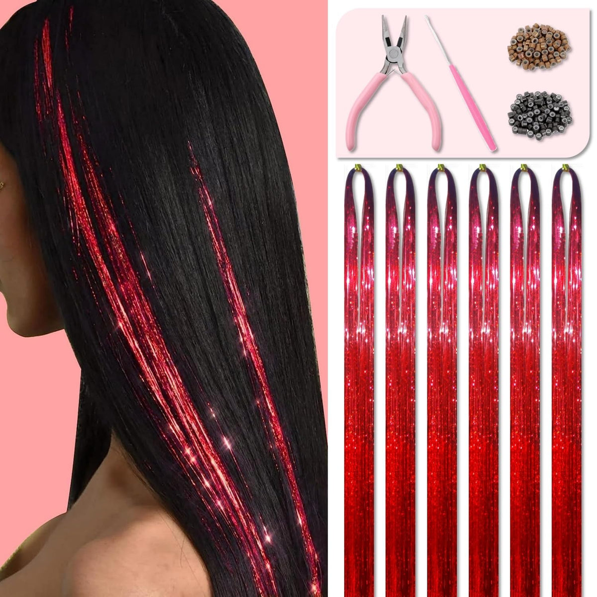 Fiwecos Red Hair Tinsel Kit packaging with included tools for quick at-home glam