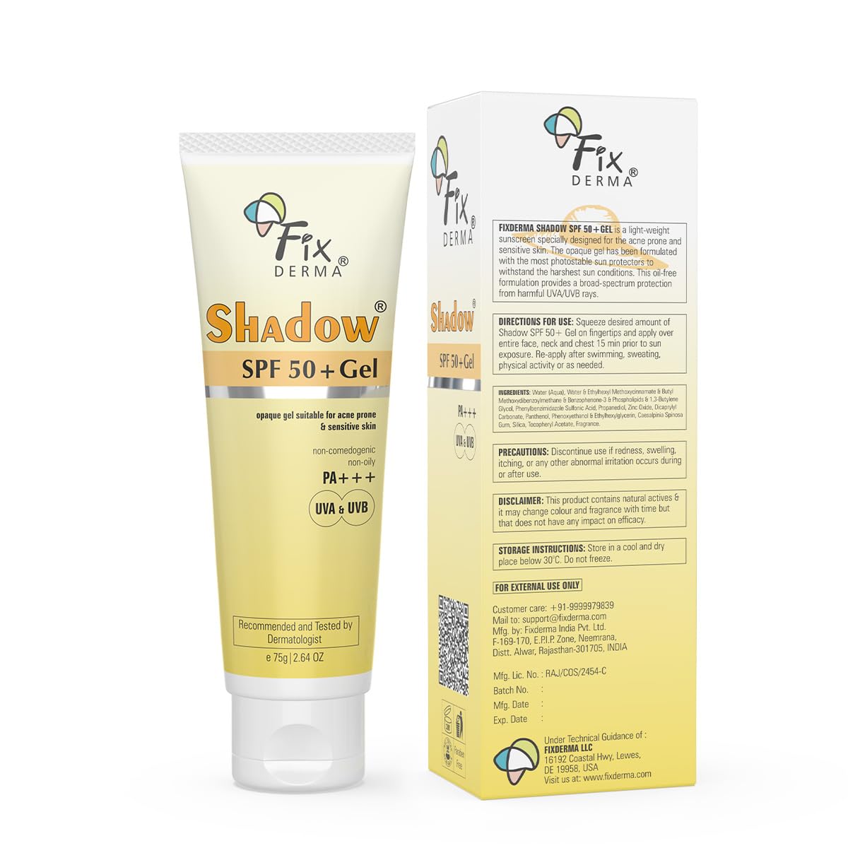 Fixderma Shadow SPF50 gel texture close-up showing lightweight, non-greasy finish.