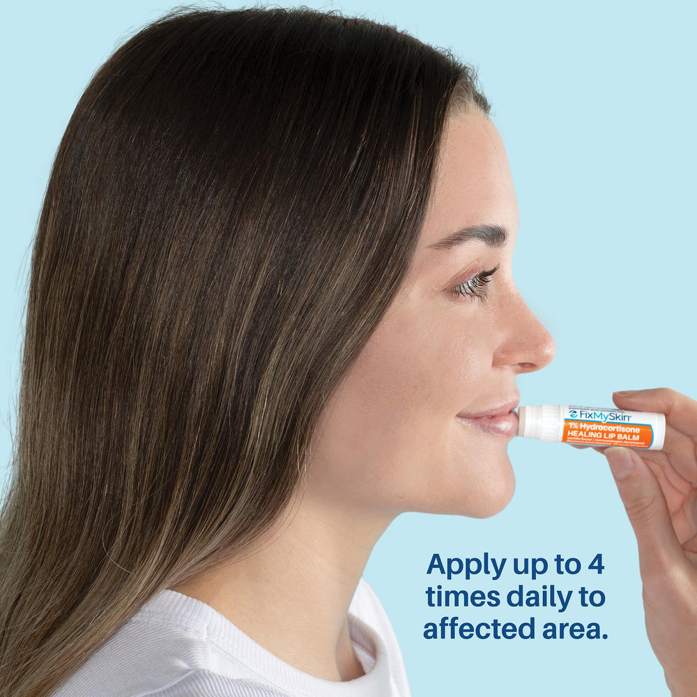 FixMySkin lip balm applied to lips for soothing relief from dryness.