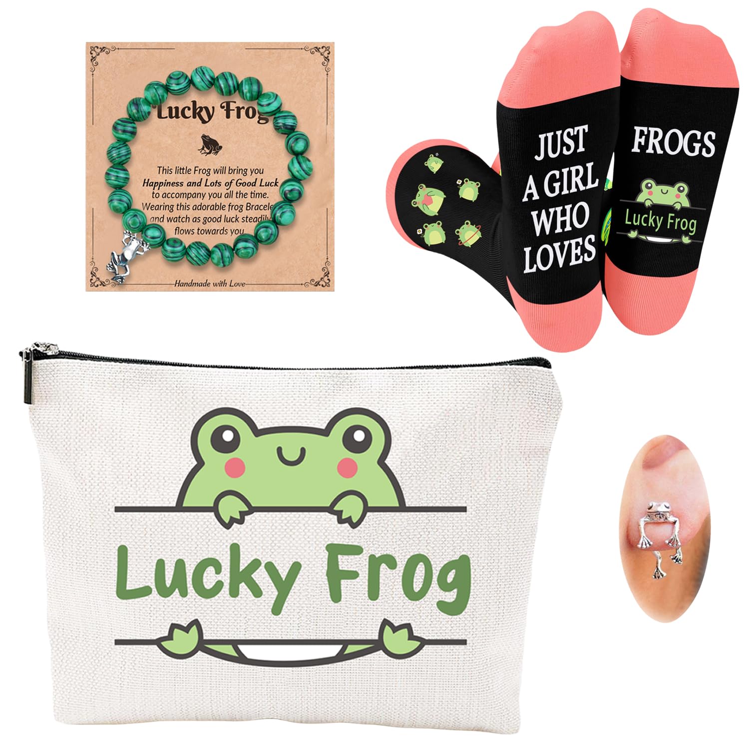 FJHAIY frog gift set cosmetic bag close up highlighting durable cotton canvas for travel