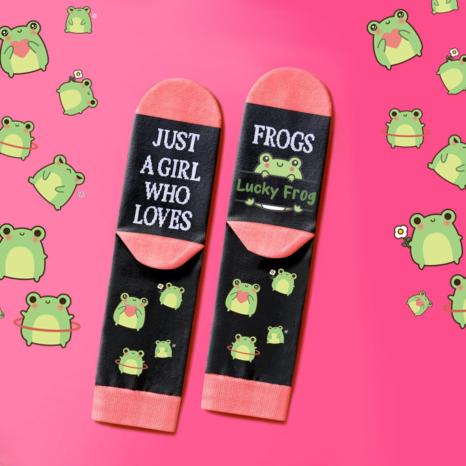FJHAIY pink frog socks with lotus print for playful outfits