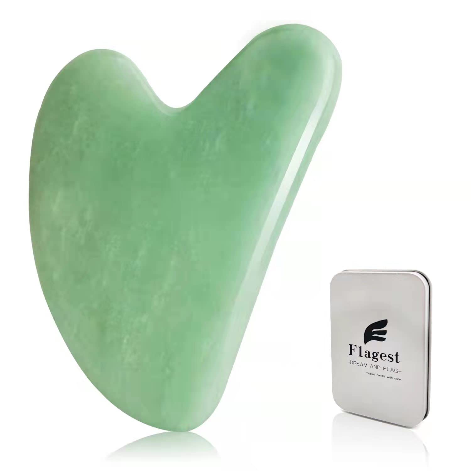 Flagest Gua Sha facial tool in jade heart shape for facial contour and spa-like glow.