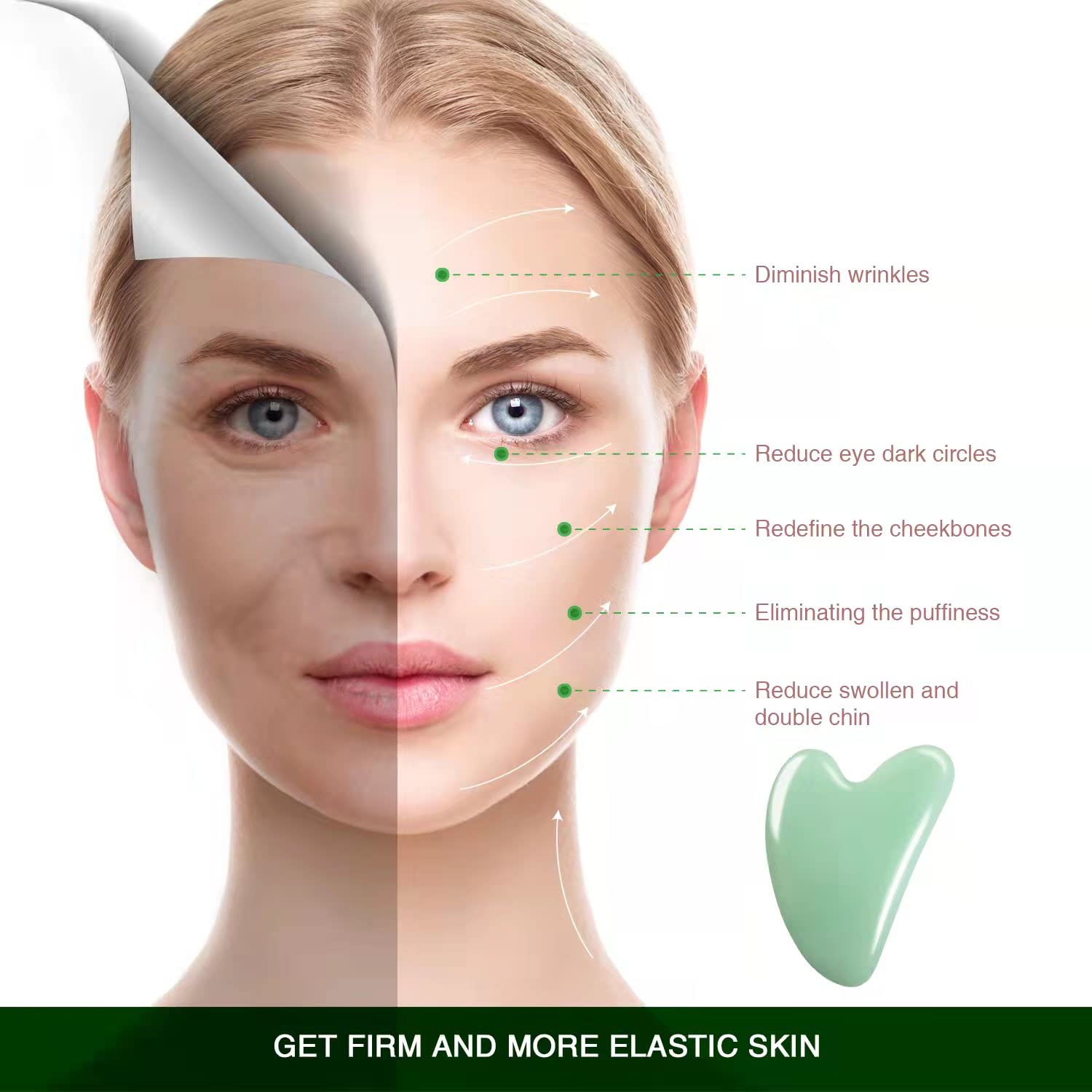 Flagest heart-shaped jade Gua Sha demonstrates soothing massage for neck and jaw areas.
