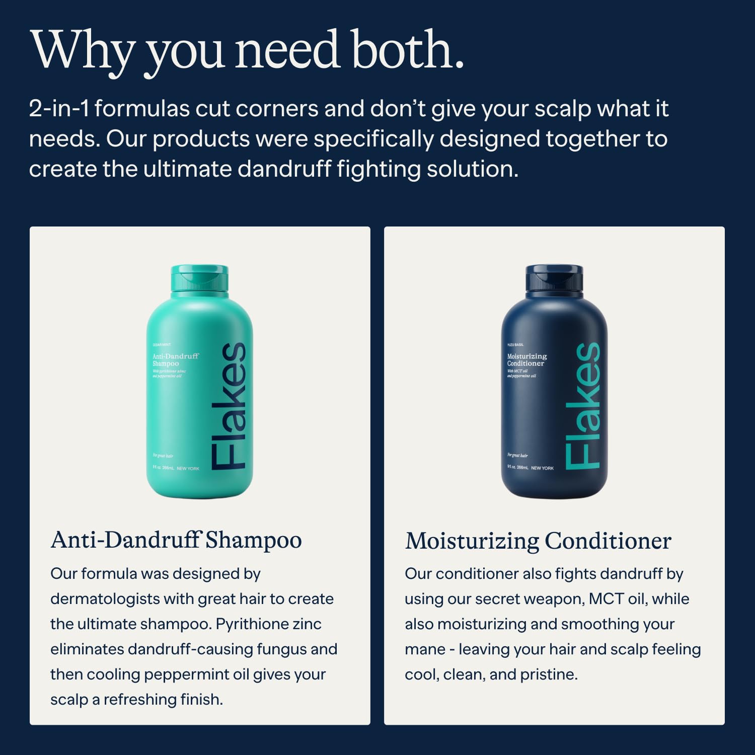 Flakes shampoo and conditioner set packaging highlights sulfate- and paraben-free formula for balanced scalp.