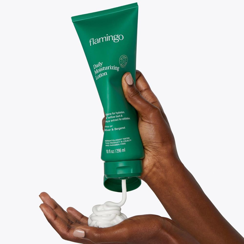 Hands applying Flamingo lotion for a fast-absorbing routine