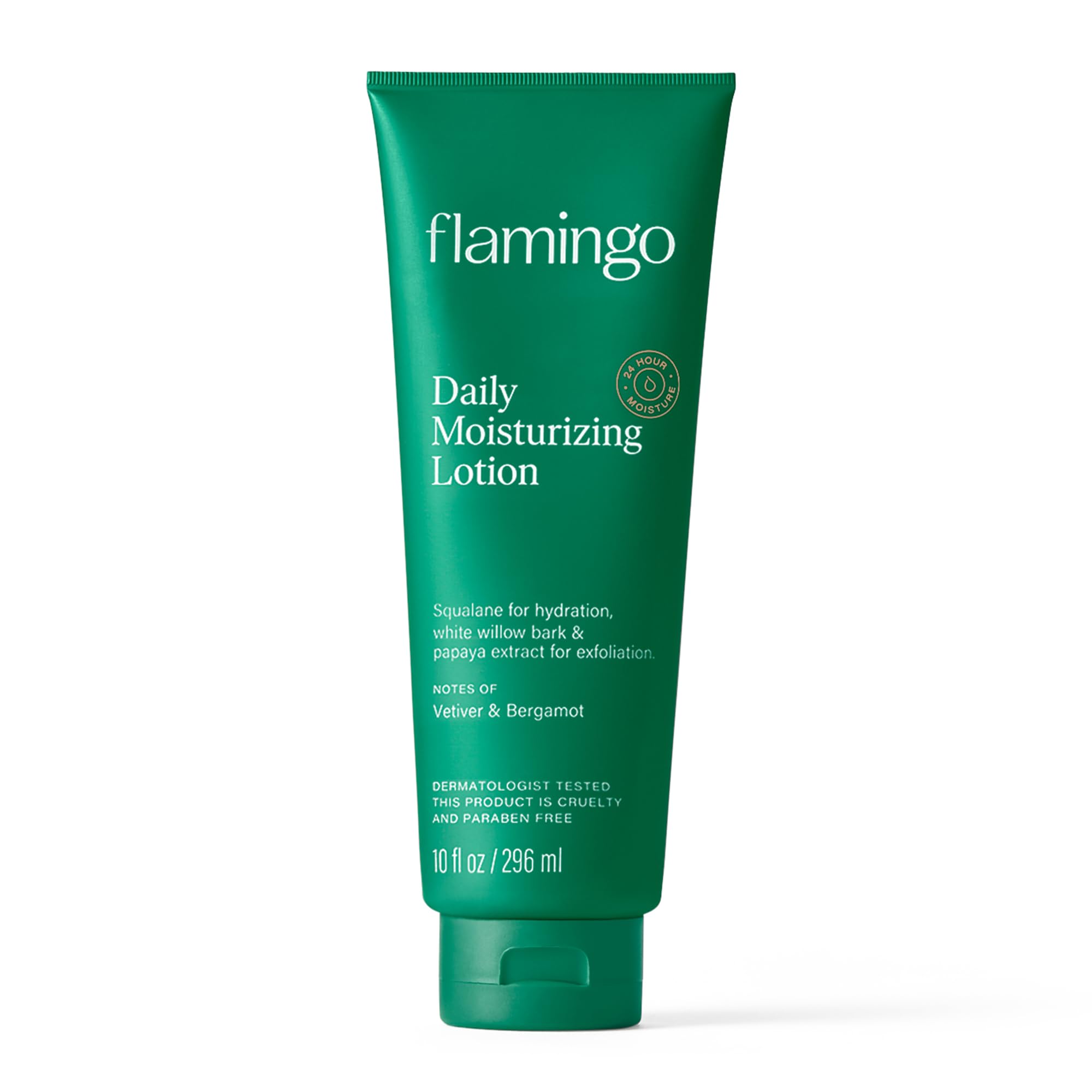 Flamingo Daily Moisturizing Lotion bottle promoting long-lasting hydration
