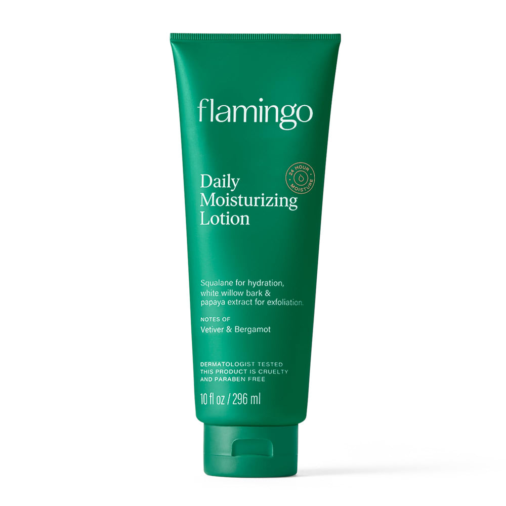 Flamingo Daily Moisturizing Lotion bottle promoting long-lasting hydration