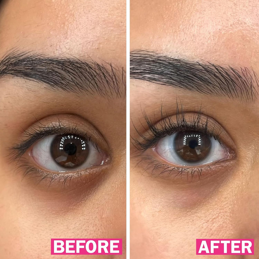 FLASHSERUM before-after lashes demonstrates potential length and curl without extensions.