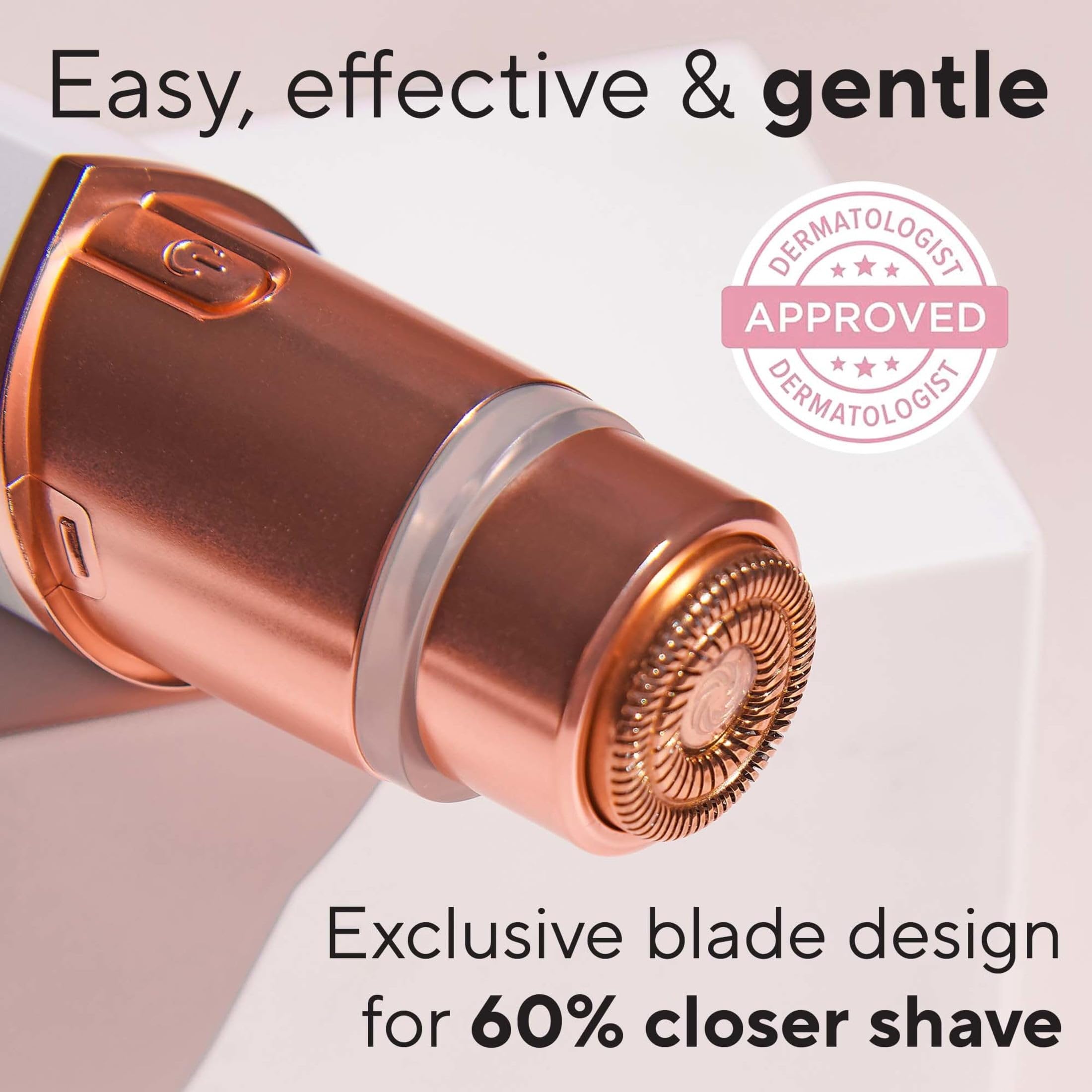Flawless Finishing Touch Lavender LED light helps reveal fine peach fuzz for precise use.