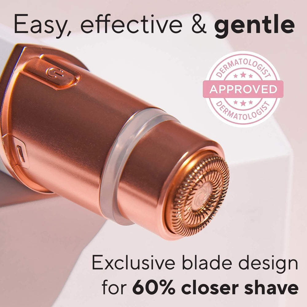 Flawless Finishing Touch Lavender LED light helps reveal fine peach fuzz for precise use.