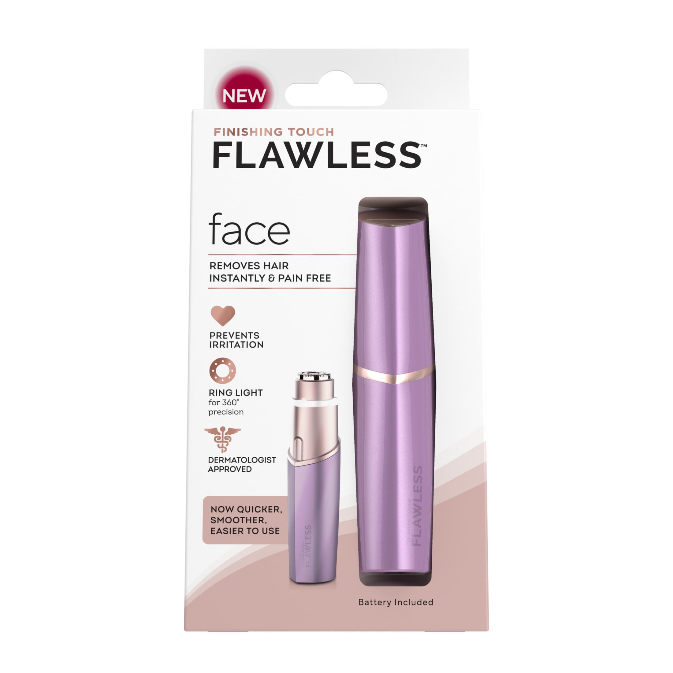 Flawless Finishing Touch Lavender razor on skin for precise facial hair removal.