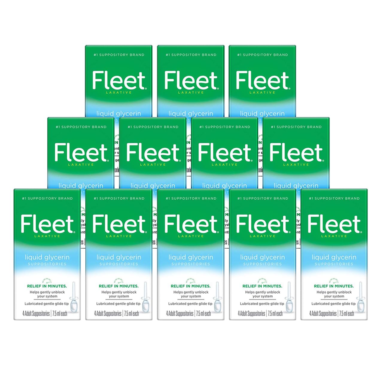 Fleet Liquid Glycerin Suppositories packaging highlights quick-relief design for adults.