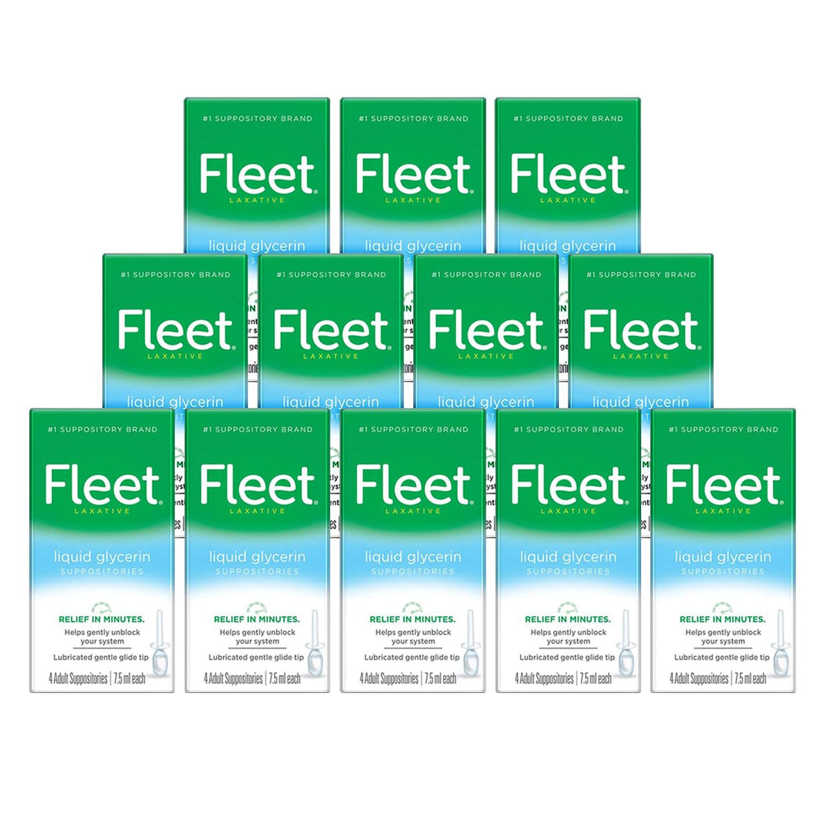 Fleet Liquid Glycerin Suppositories packaging highlights quick-relief design for adults.
