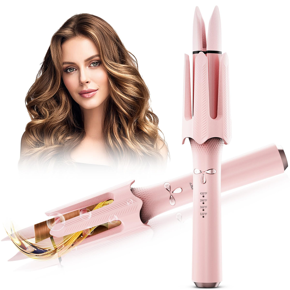 FlexiGlide auto rotating curler pink barrel enhances smooth, long-lasting curls.