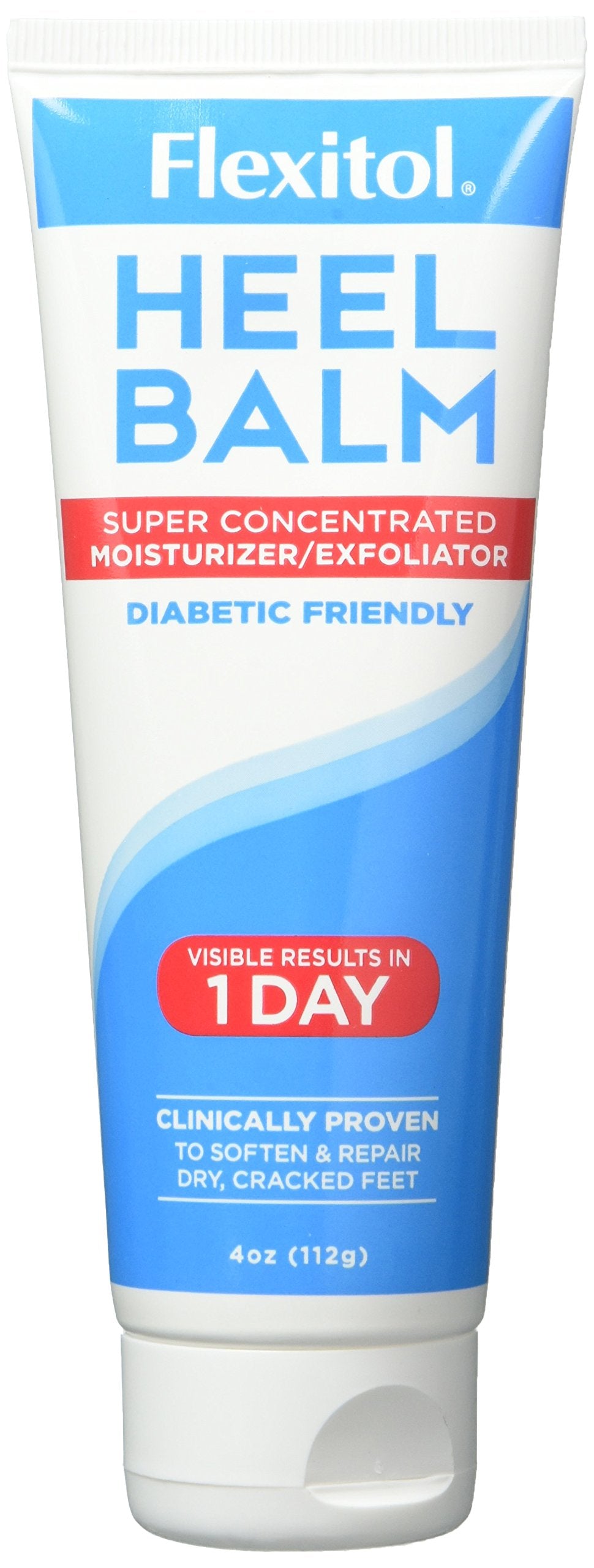 Flexitol Heel Balm tube closeup highlighting thick, non-greasy formula for dry heels.