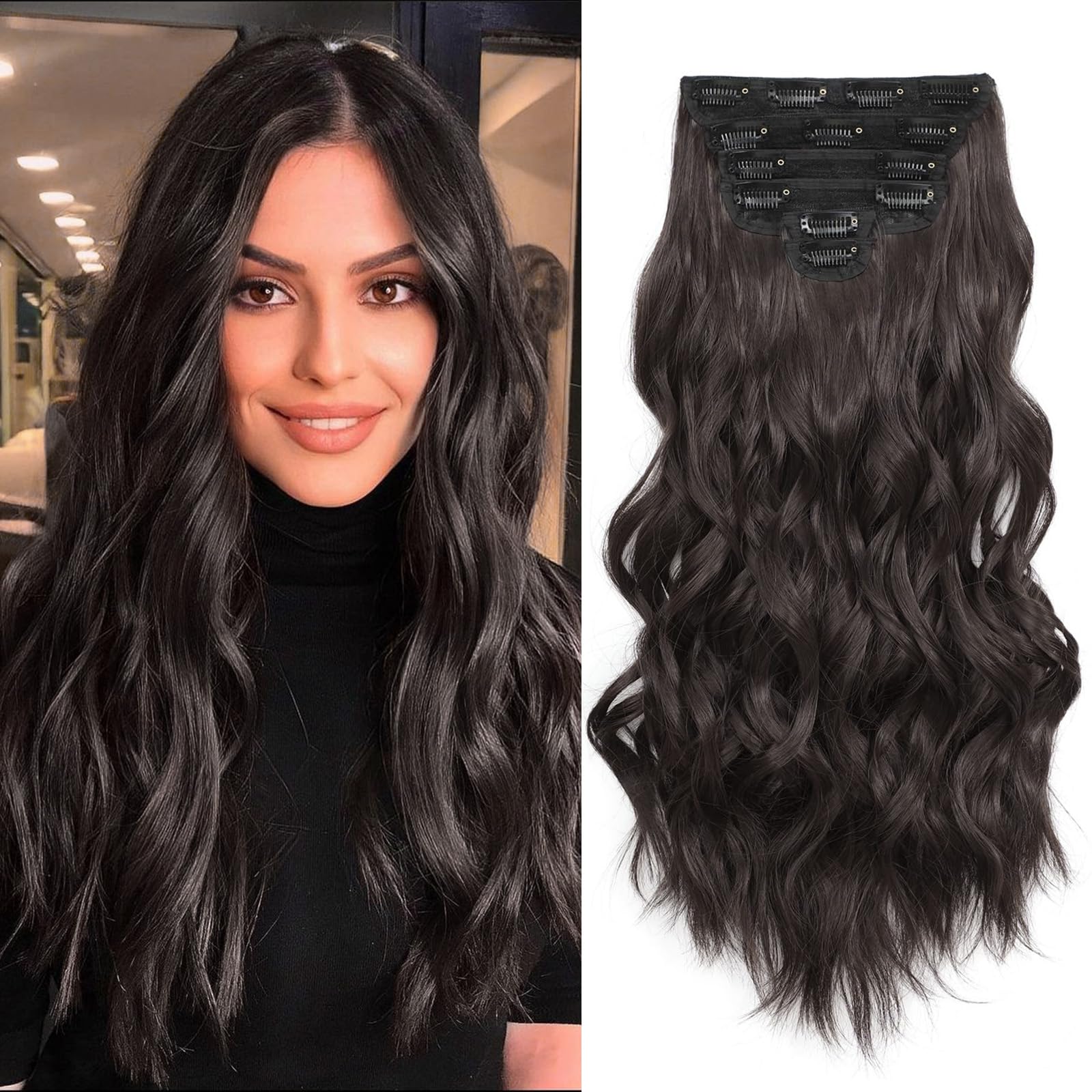 Fliace clip-in hair extensions set of six pieces for fuller natural-looking volume.