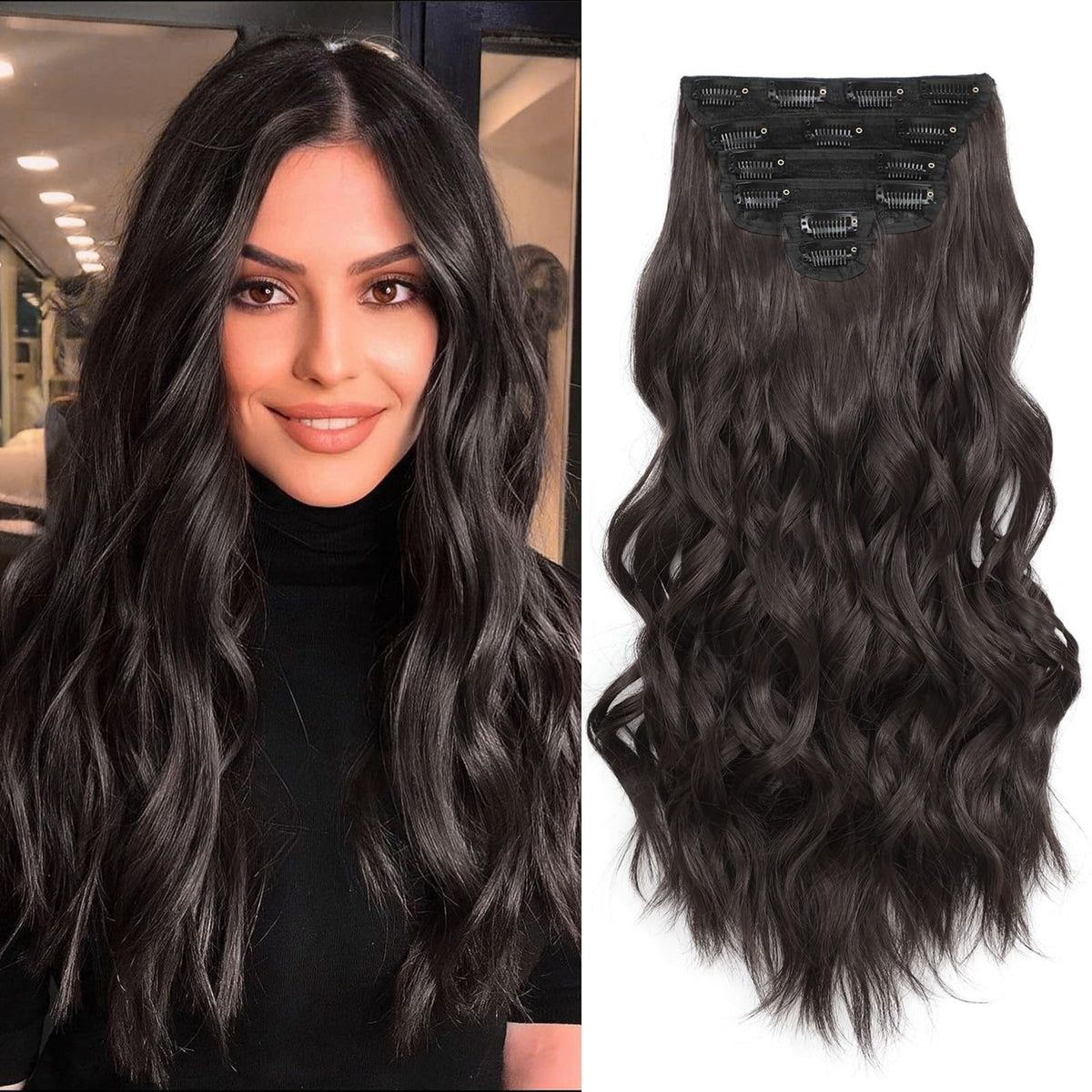 Fliace clip-in hair extensions set of six pieces for fuller natural-looking volume.