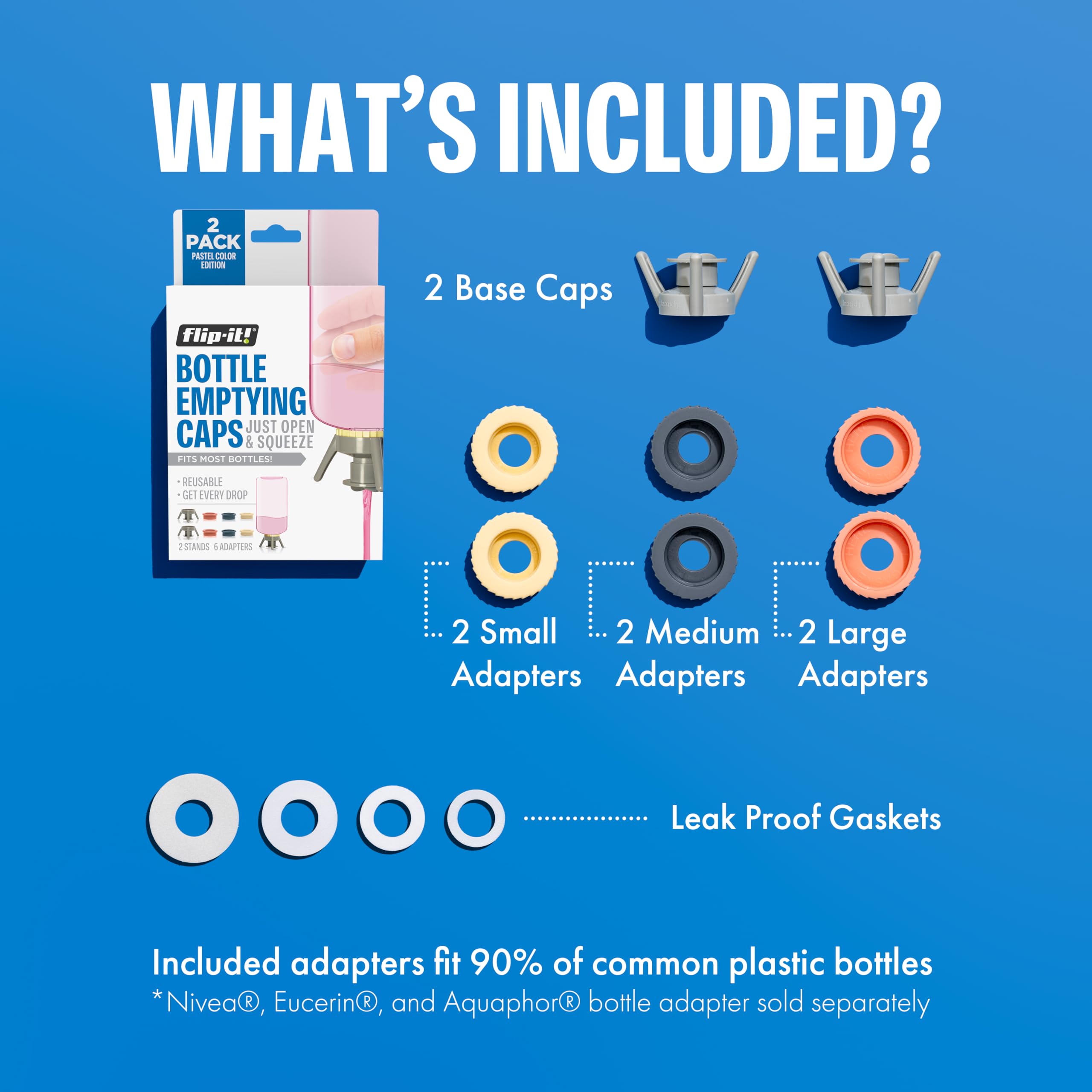 Flip-It adapter 24mm small fits slim bottles for thorough emptying.