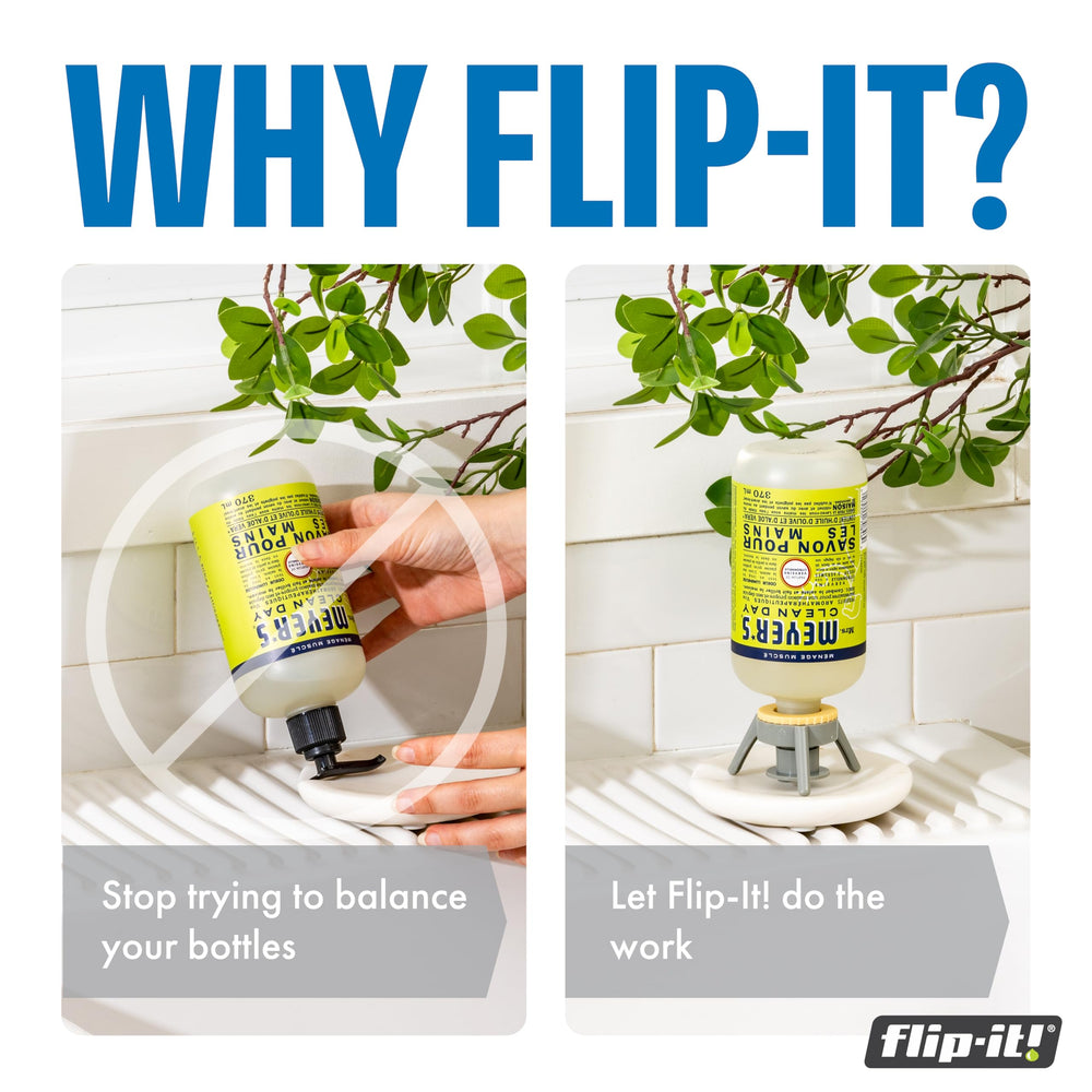 Flip-It emptying kit in use demonstrates gravity-based dispensing for complete extraction.