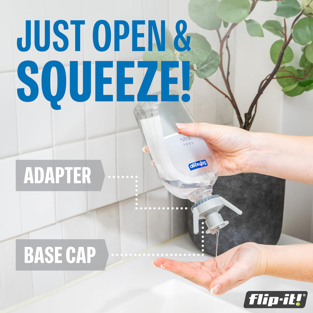 Flip-It two-bottles-at-once setup speeds up emptying two products.