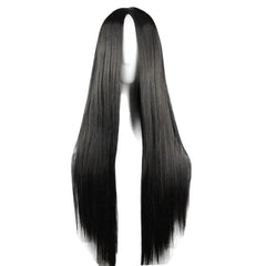 Flonding front view long black wig showing natural middle part and full length for confident style