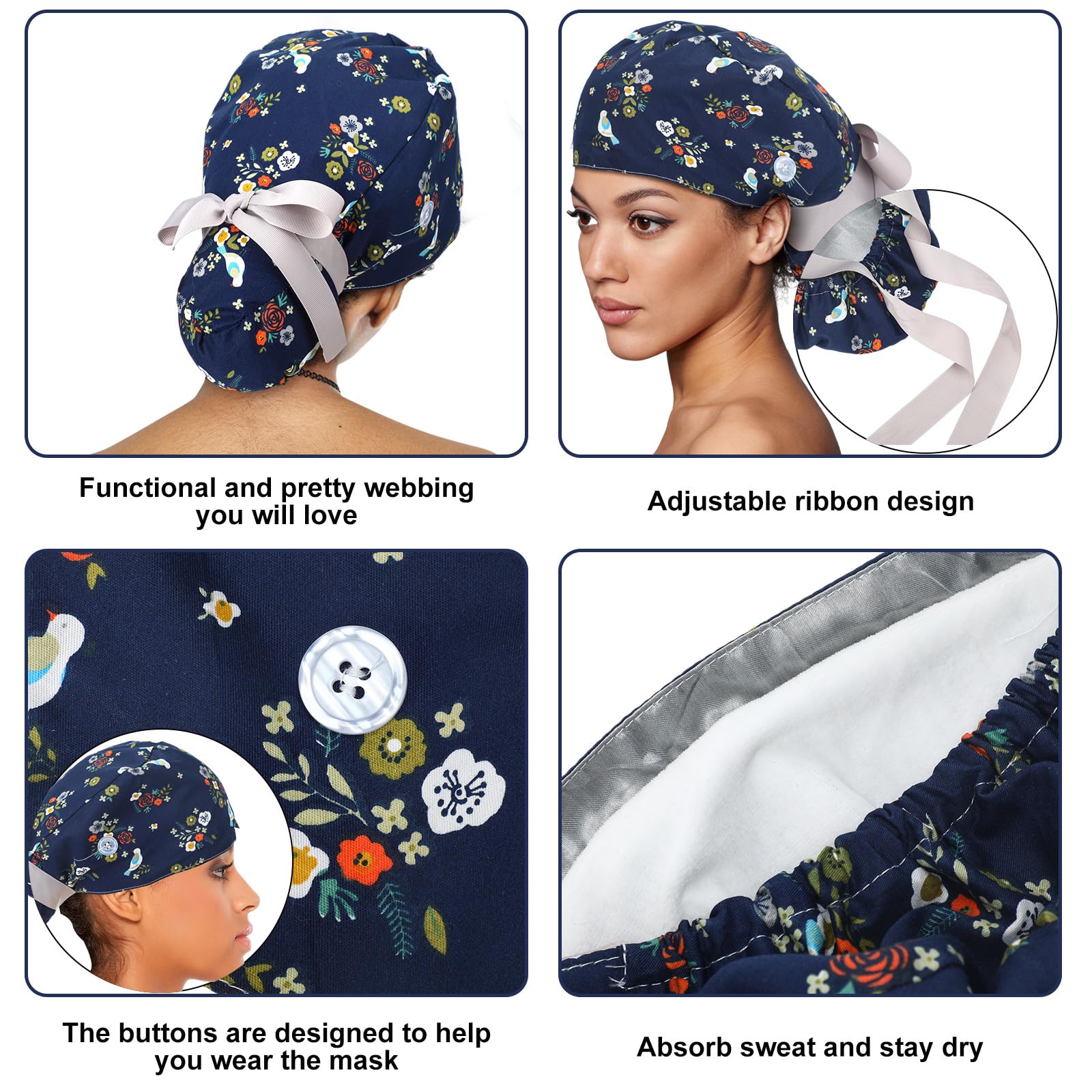 Floraltop satin lined scrub cap with buttons near side view secures mask straps