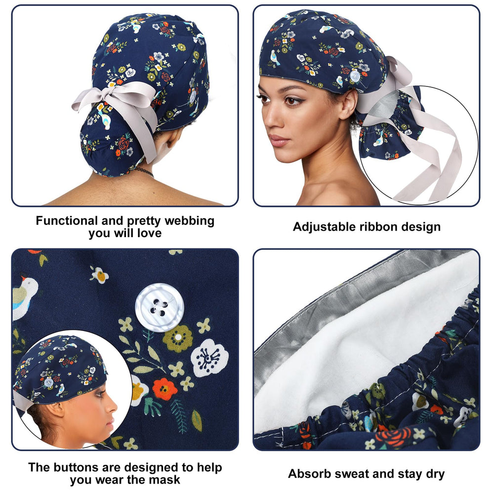 Floraltop satin lined scrub cap with buttons near side view secures mask straps