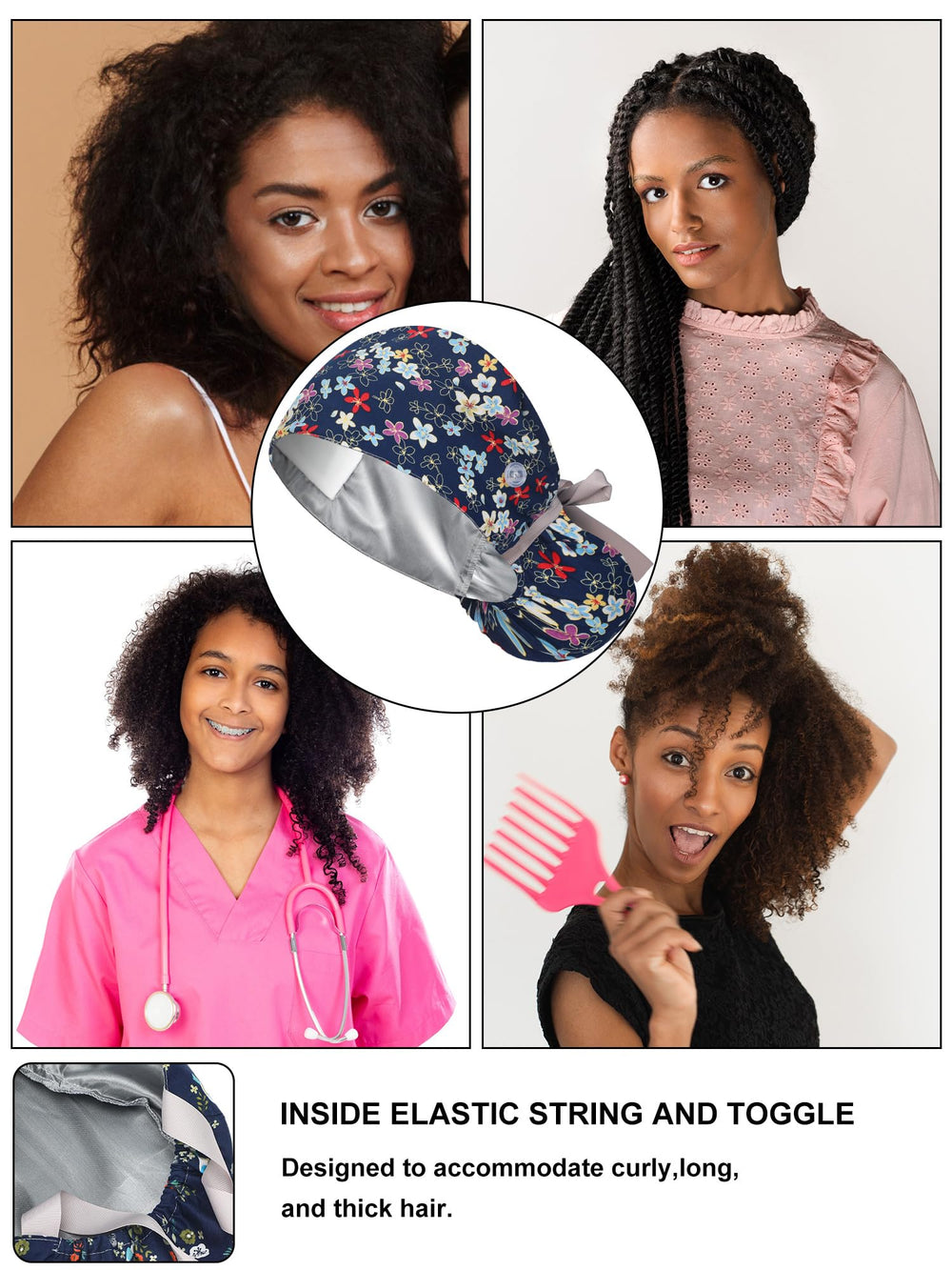 Floraltop satin lined scrub cap six design pack offers versatile daily options