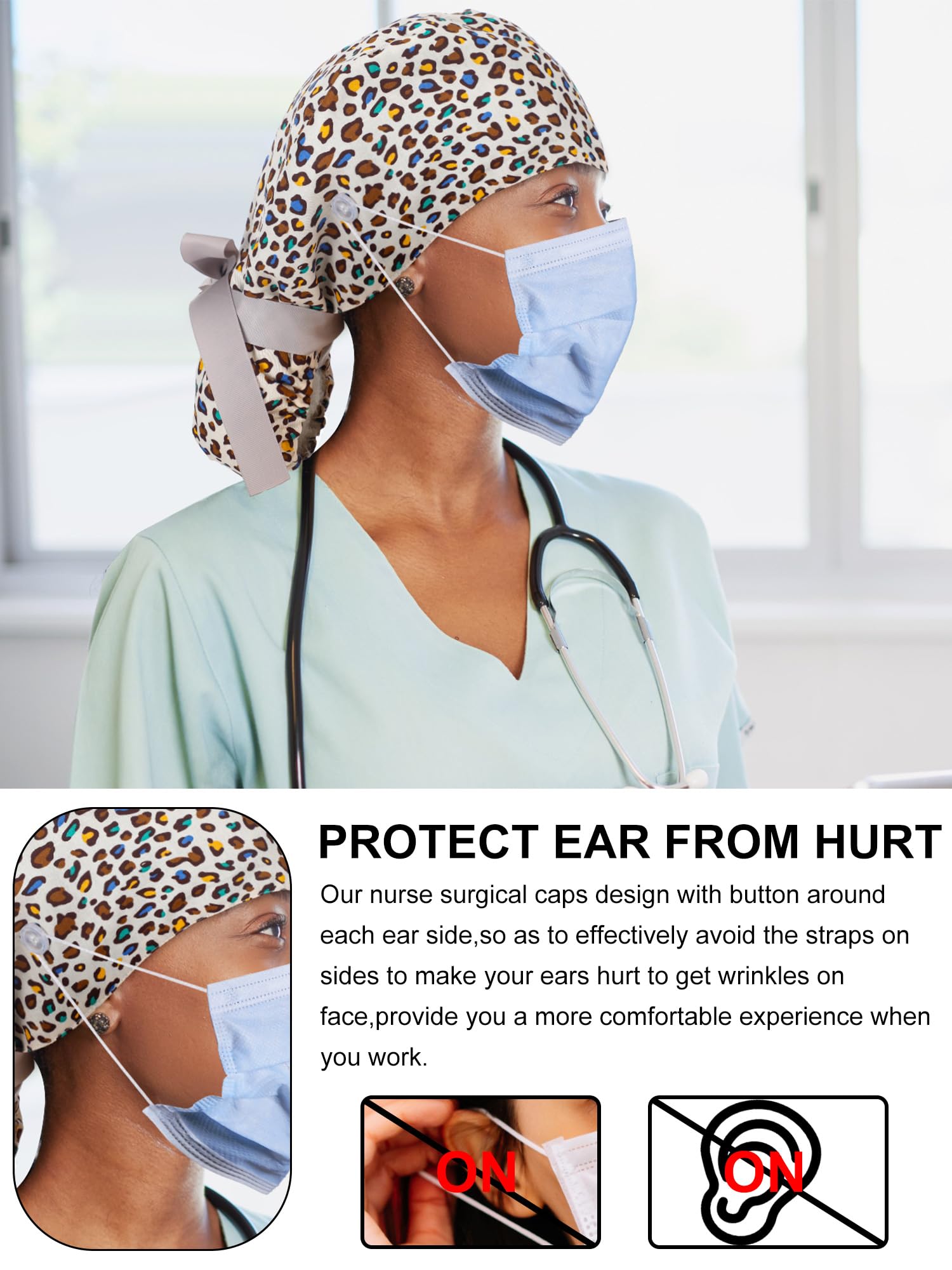 Floraltop satin lined scrub cap back view shows adjustable elastic band for many head sizes