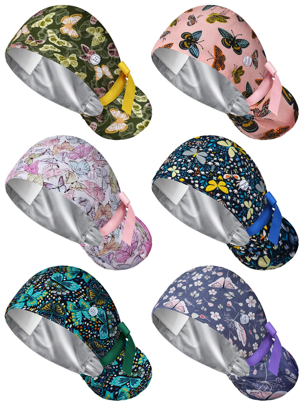 Floraltop satin lined scrub cap front view butterfly style for day-long comfort during shifts