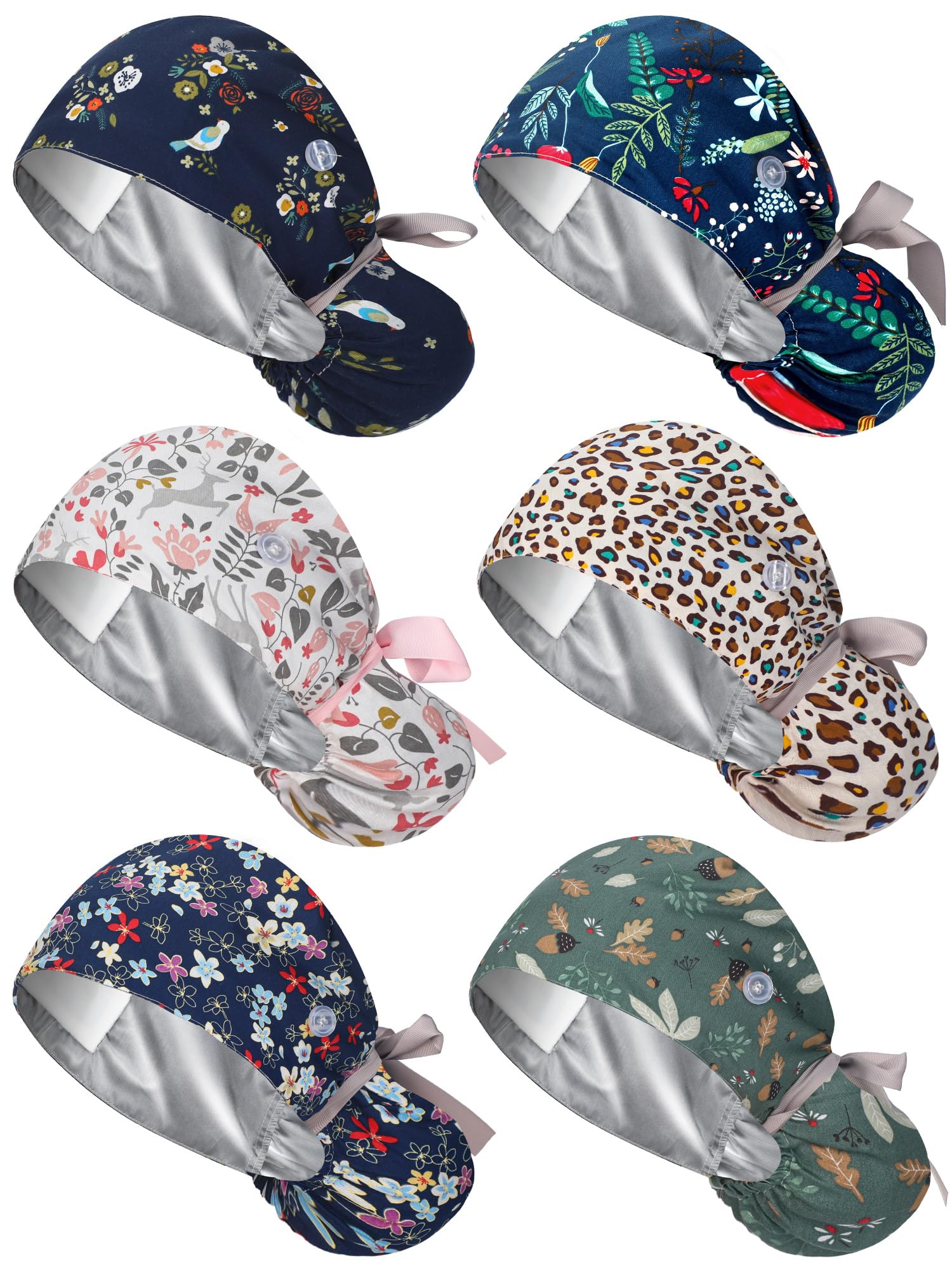 Floraltop satin lined scrub cap front view shows hair protection during long shifts