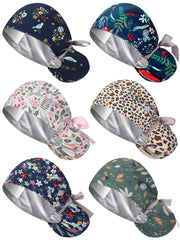 Floraltop satin lined scrub cap front view shows hair protection during long shifts
