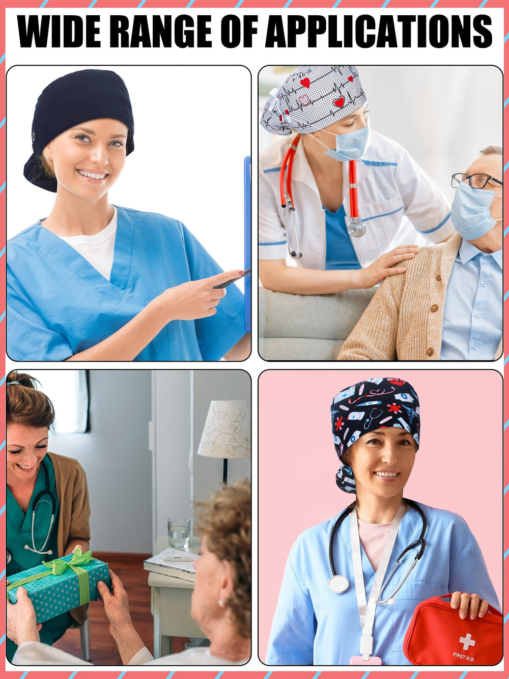 Floraltop satin lined scrub cap in use at workstations for comfort