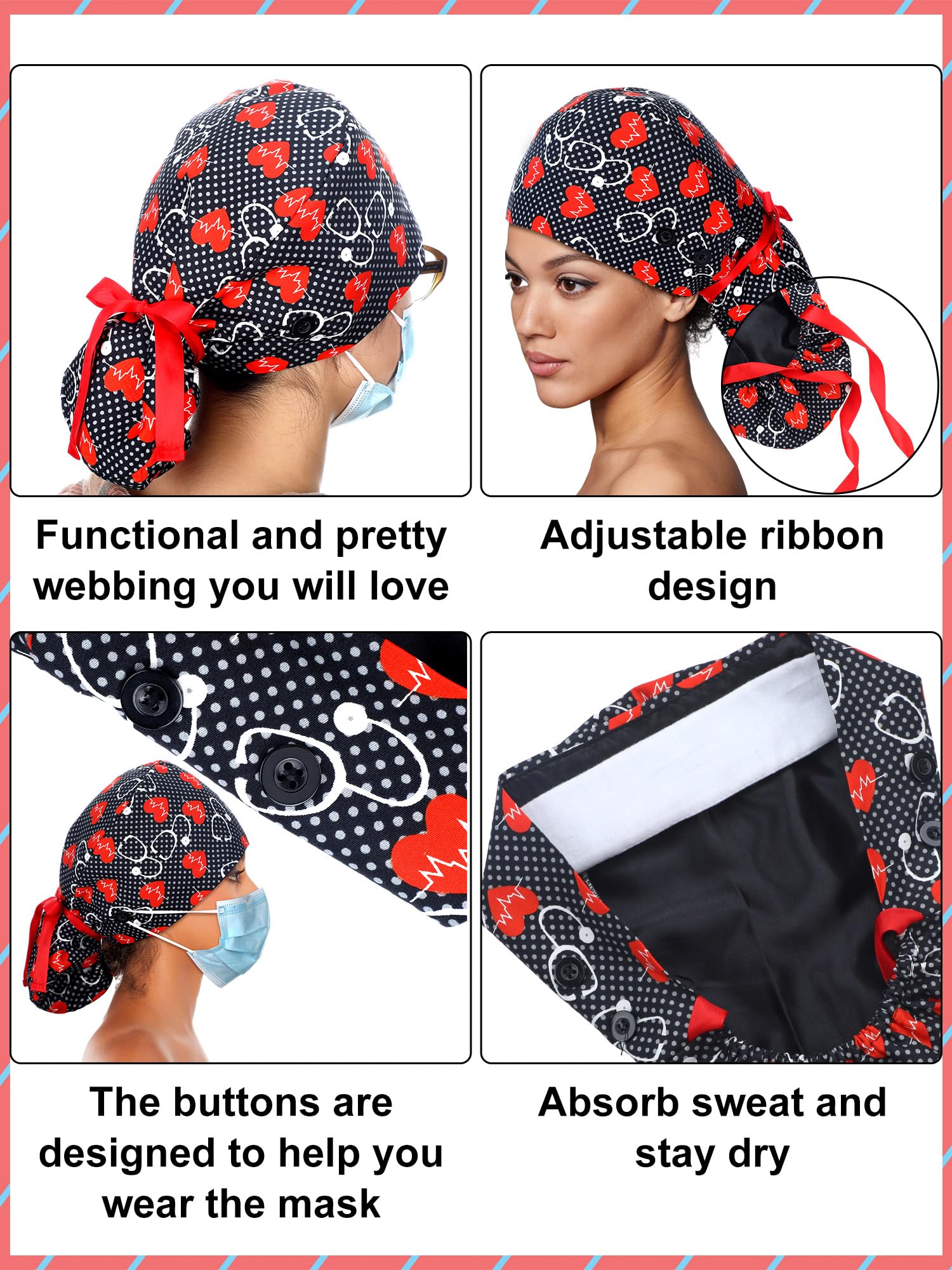 Floraltop satin lined scrub cap ponytail holder keeps hair tidy