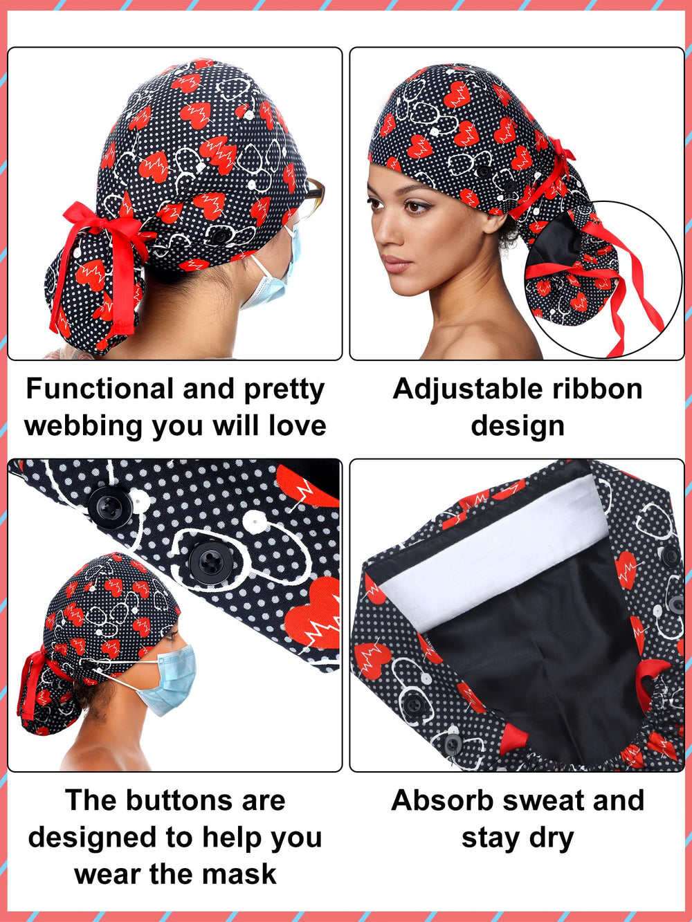 Floraltop satin lined scrub cap ponytail holder keeps hair tidy