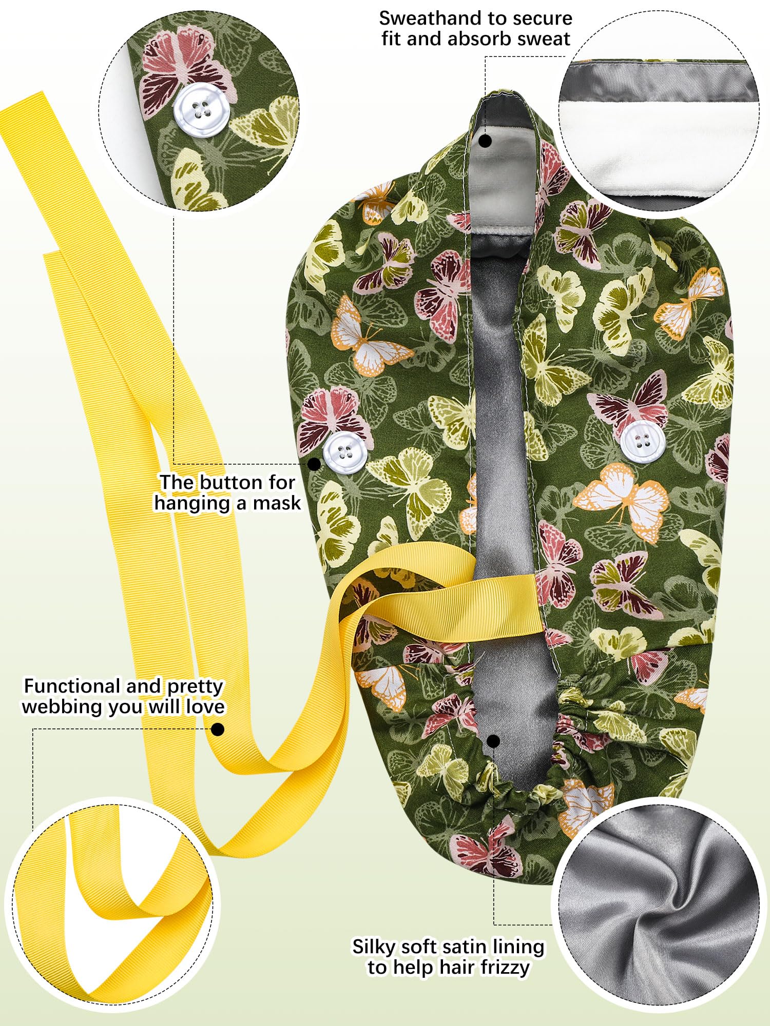 Floraltop satin lined scrub cap side with buttons keeps mask straps secure and comfortable