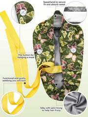Floraltop satin lined scrub cap side with buttons keeps mask straps secure and comfortable