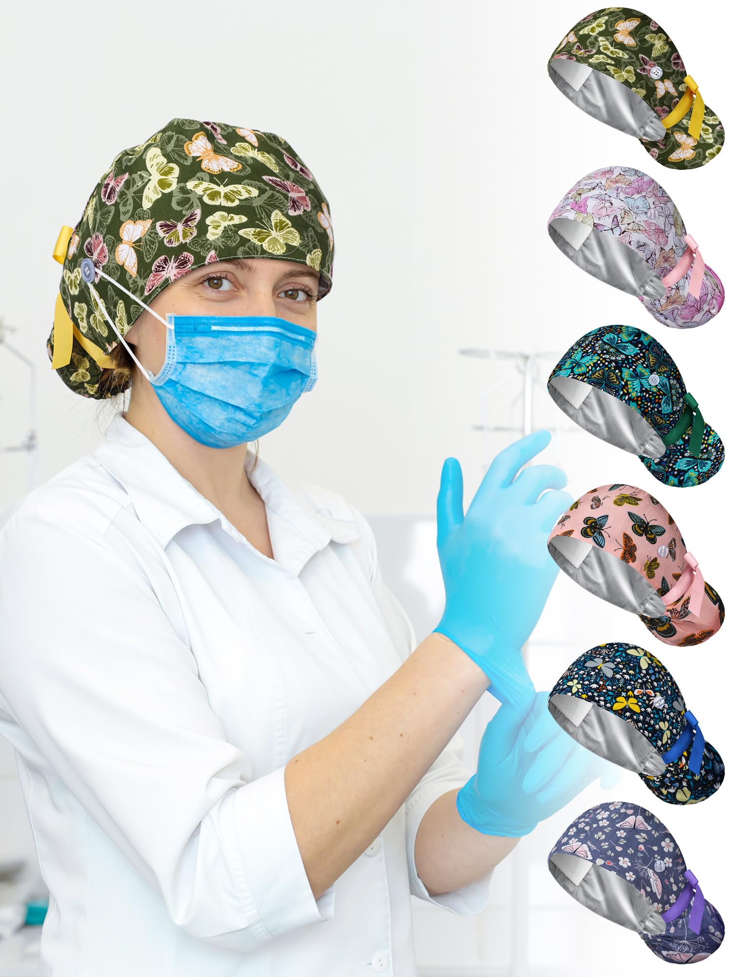 Floraltop satin lined scrub cap worn in clinic ensures tidy hair through busy shifts
