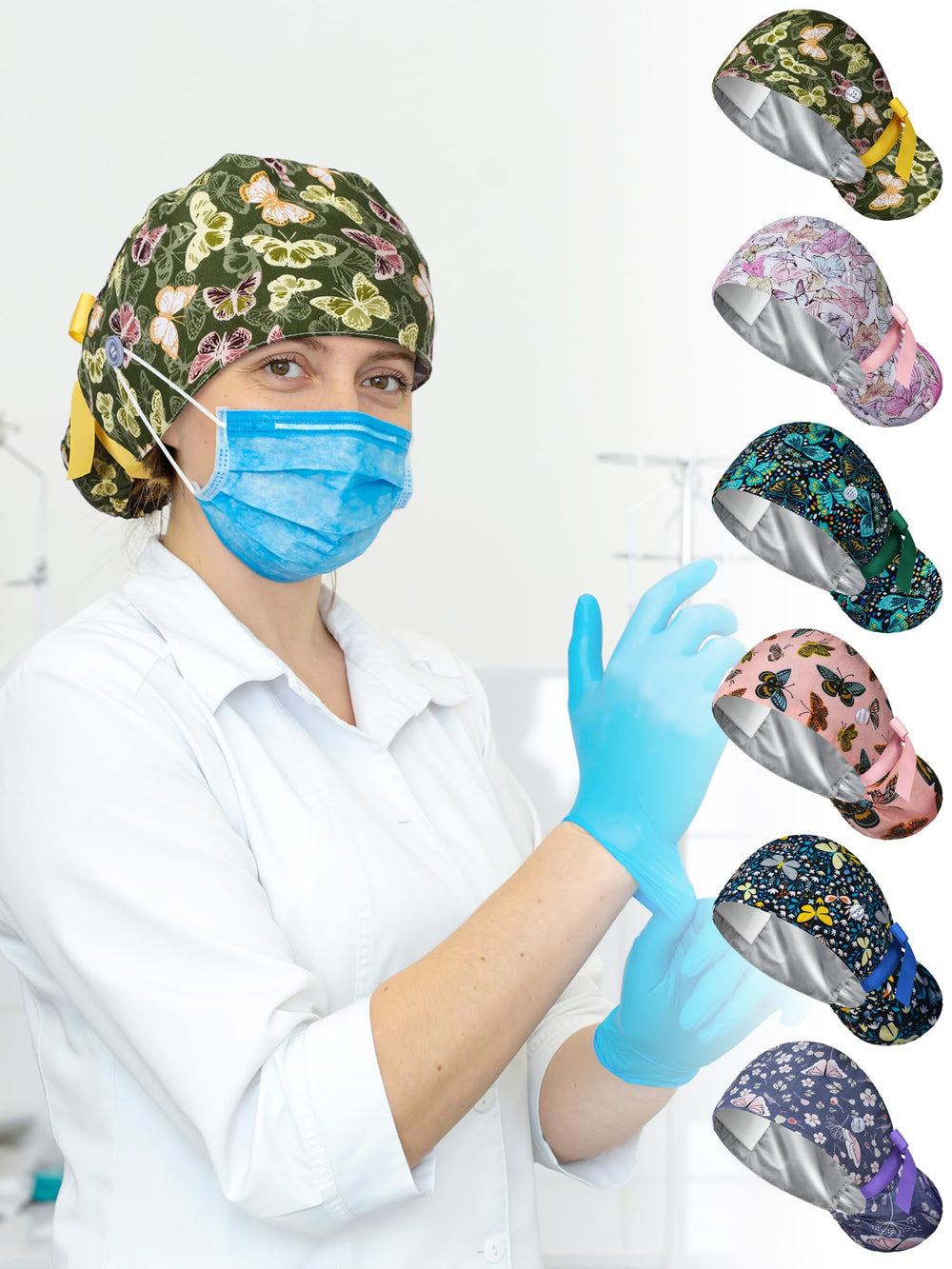 Floraltop satin lined scrub cap worn in clinic ensures tidy hair through busy shifts