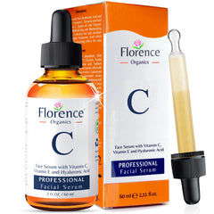Florence Vitamin C Serum bottle with pour demonstrates quick-absorbing brightness boost.