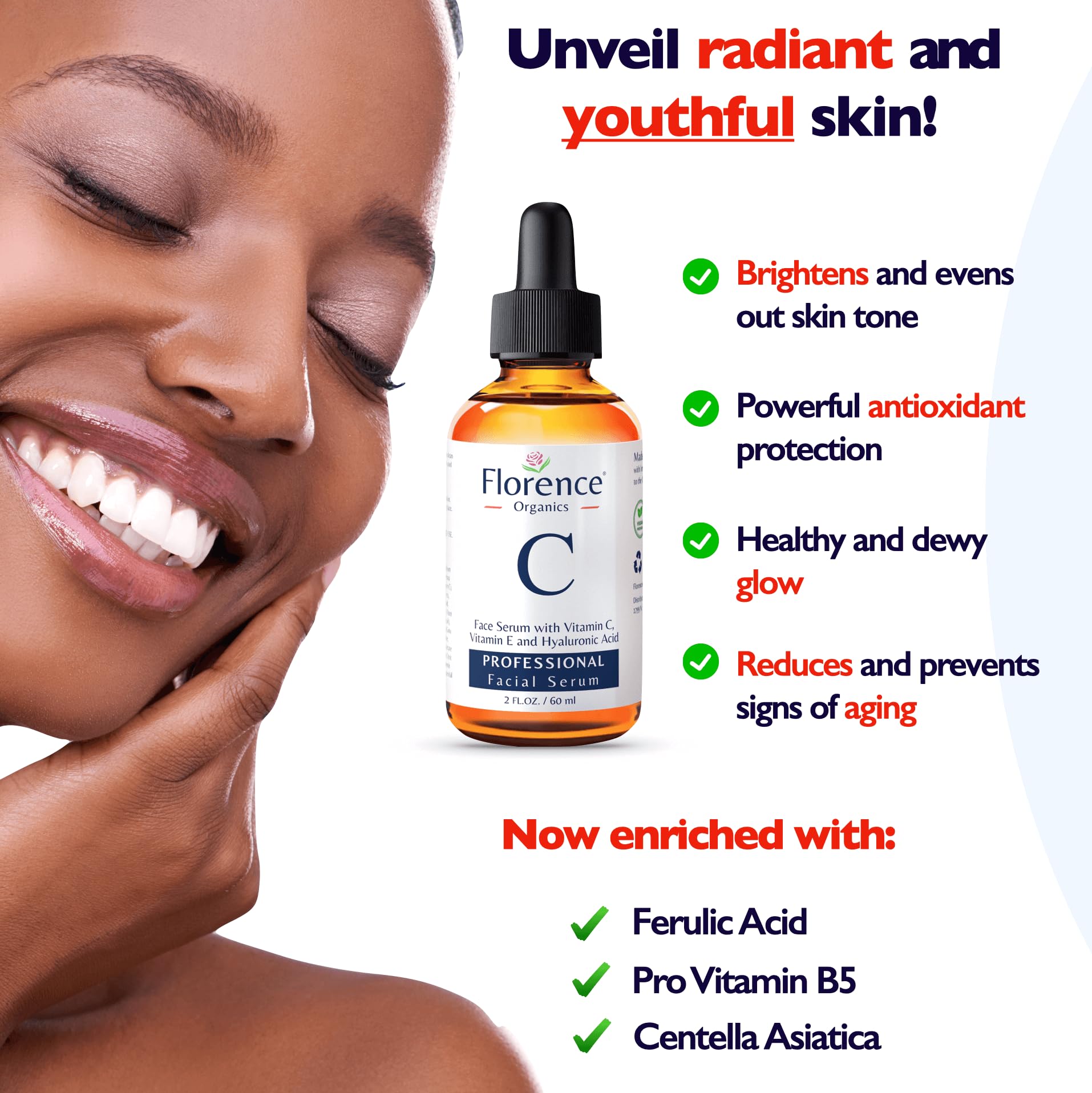 Florence Vitamin C Serum ingredients list highlights hyaluronic acid and niacinamide.