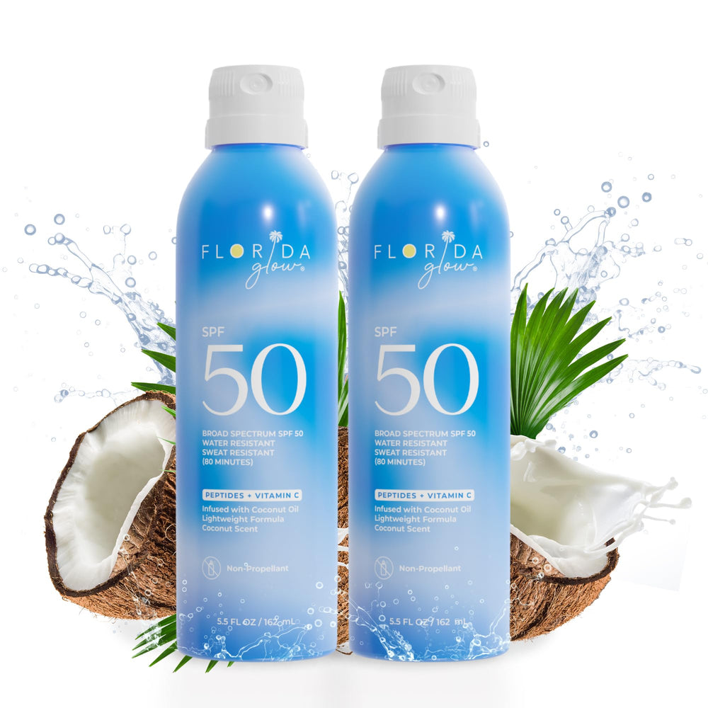 Florida Glow SPF50 spray bottle ready for beach days with easy protection.