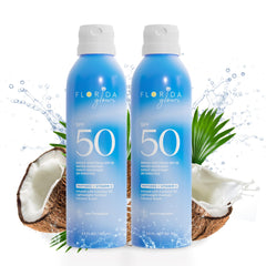 Florida Glow SPF50 spray bottle ready for beach days with easy protection.
